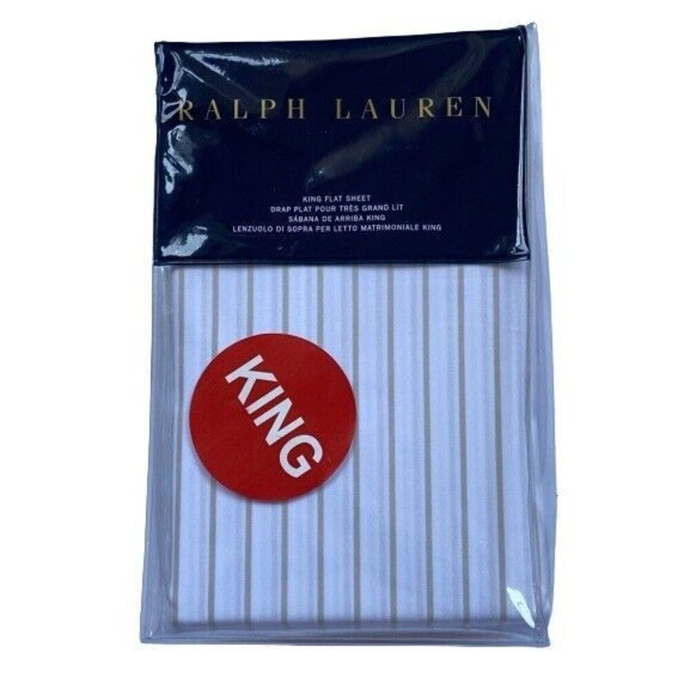 RALPH LAUREN PRESCOT STRIPE SUMMER BEIGE KING FITTED FLAT SHEET COTTON NEW $215